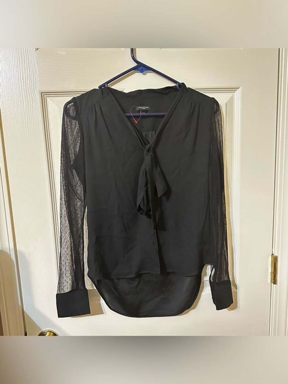 Ann Taylor Black Tie-Neck Sheer Sleeve Blouse